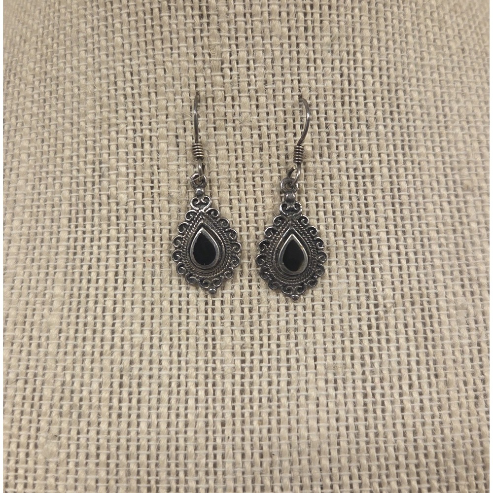Sterling Silver Black Onyx Teardrop Dangle Earrings 925